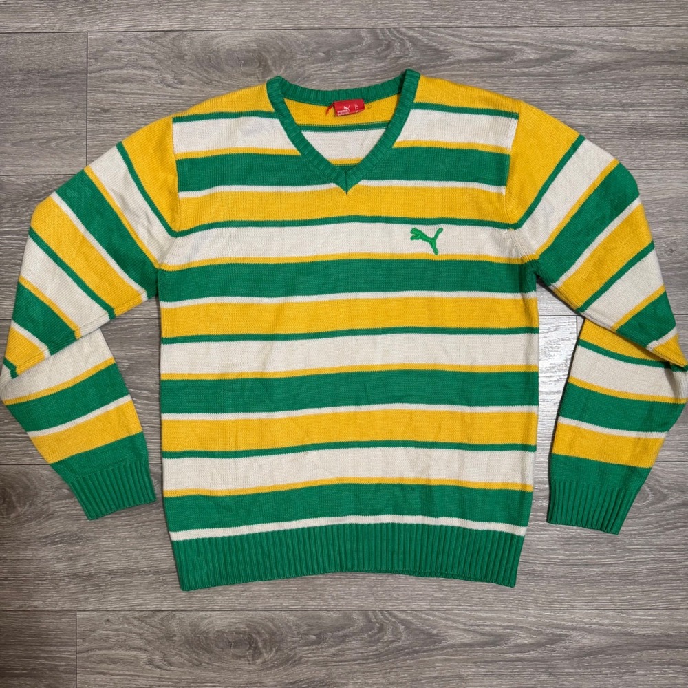 Vintage 90s Puma Mens Sweater Size S V-Neck Striped Knit Green Yellow White Logo